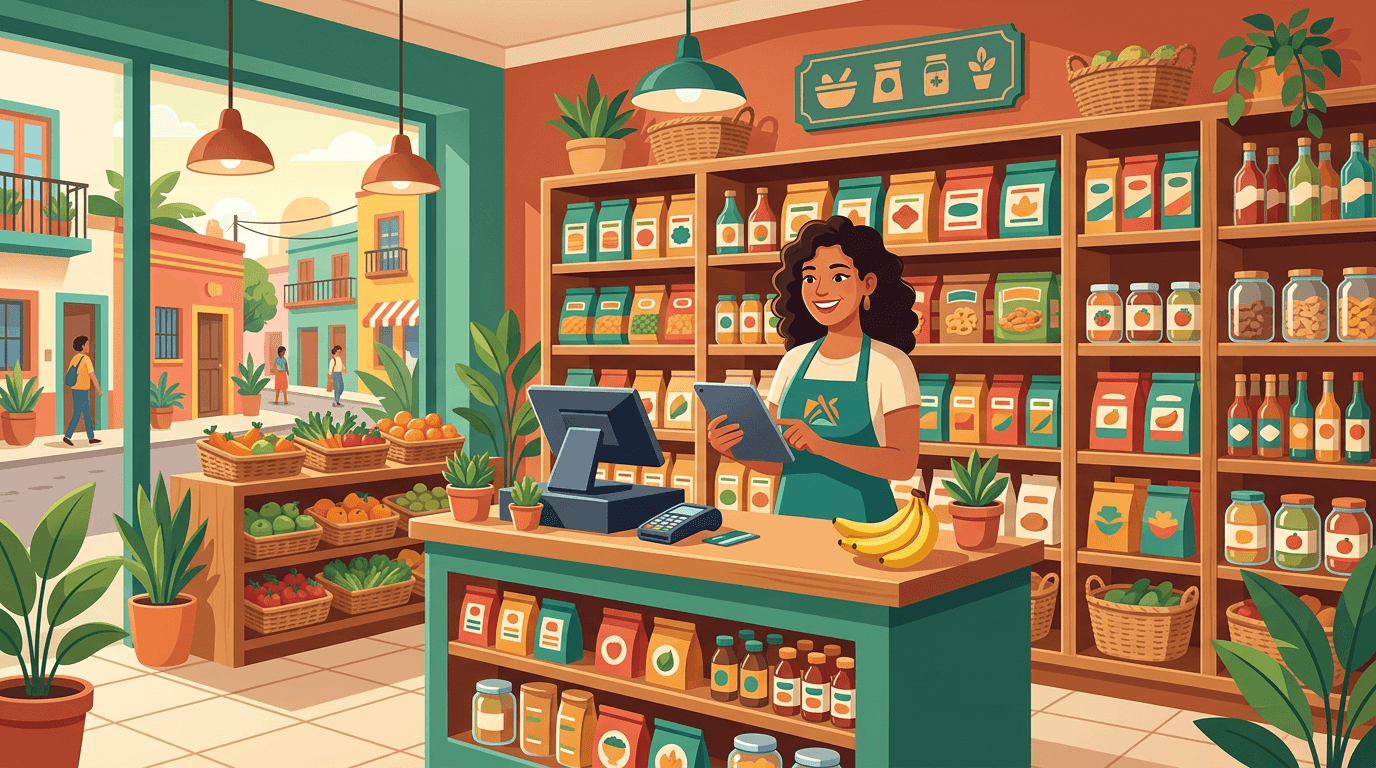 Ilustración de un comercio pequeño gestionando inventario y ventas con una tablet